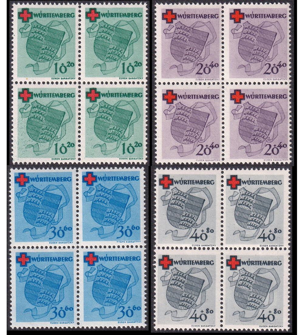 Frz. Zone W�rttemberg Nr. 40-43 postfrisch im Viererblock Rotes Kreuz 1949 MW:640.-!