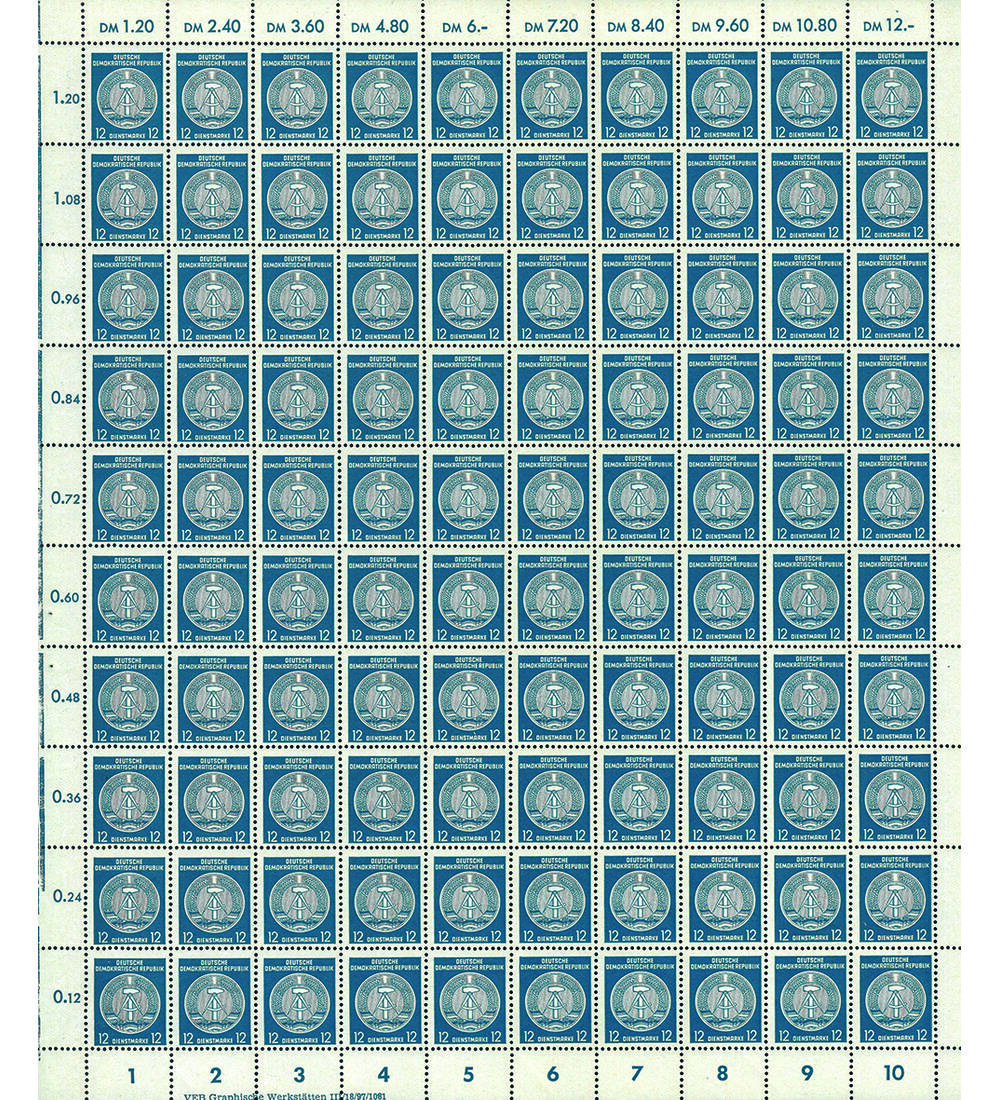 DDR - Dienstmarke Nr. 20 X II postfrischer Originalbogen Dienstmarke Zirkel