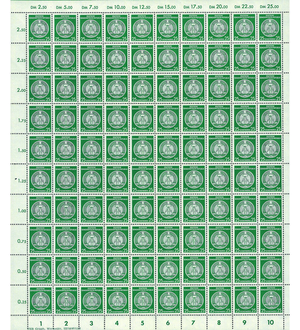 DDR - Dienstmarke Nr. 23 X II postfrischer Originalbogen Dienstmarke Zirkel