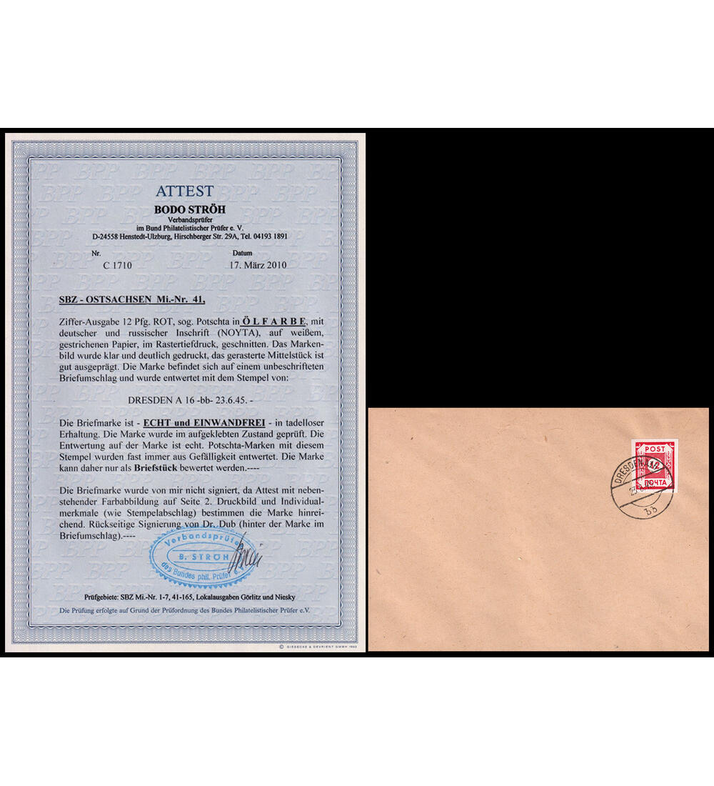 SBZ POTSCHTA - Brief Nr. B I b auf Schmuckbrief mit Farbfotoattest Str�h