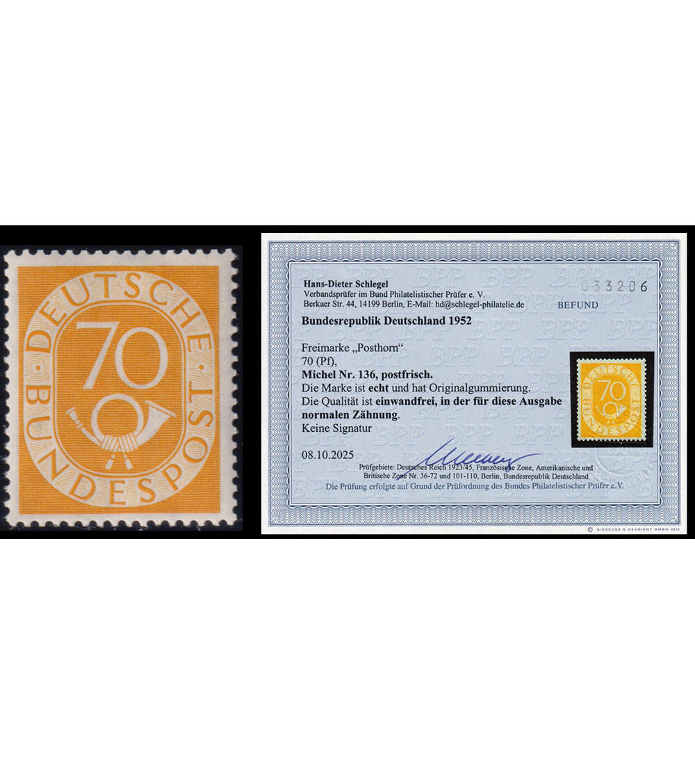 BRD 70 Pfennig Posthorn Nr. 136 postfrisch mit Farbfotobefund Schlegel