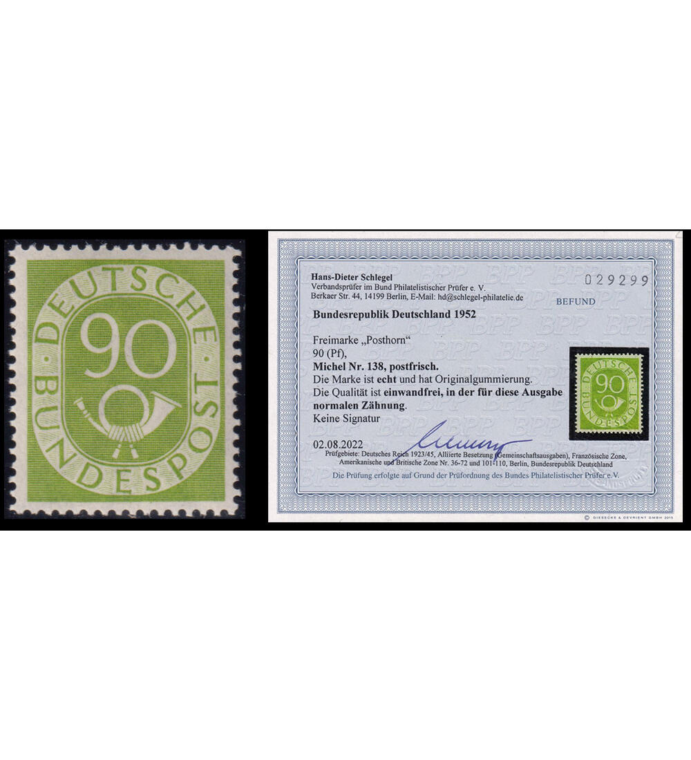 BRD 90 Pfennig Posthorn Nr. 138 postfrisch mit Farbfotobefund Schlegel