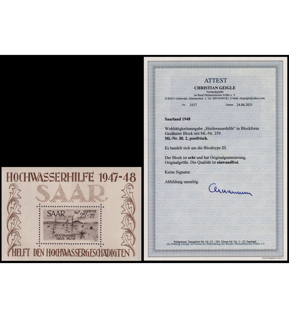 Saarland Block 2 postfrisch mit Farbfotoattest Geigle kleiner Hochwasserblock