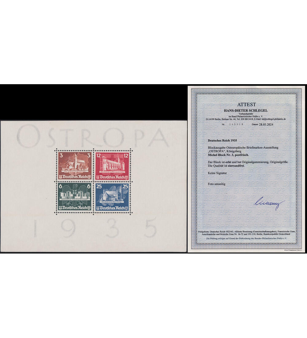 Dt. Reich Block 3 postfrisch mit Originalgummierung und Farbfotoattest Schlegel