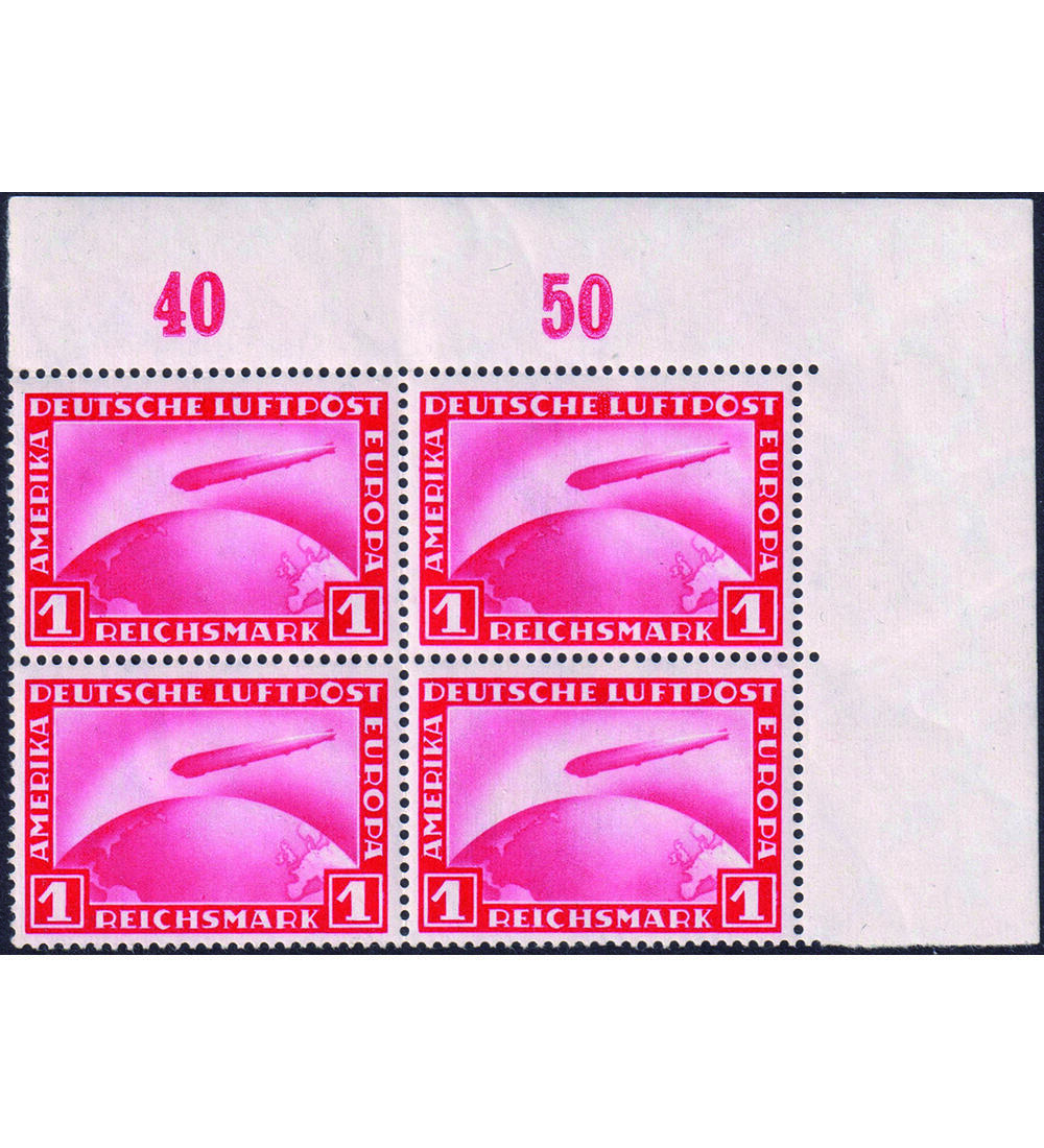 Dt. Reich Zeppelin Nr. 455 postfrischer Eckrand-4er-Block aus der rechten oberen Ecke