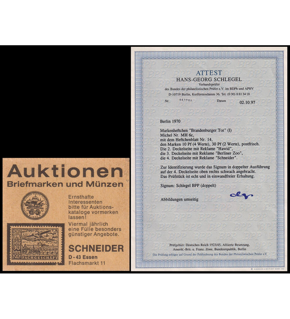 Berlin-Markenheft Schneider MH 6 c postfrisch, gepr�ft dazu Farbfotoattest Schlegel