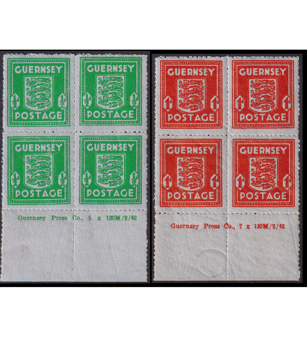 Deutsche Besetzung Guernsey Nr. 4-5 vom Unterrand mit den Druckvermerken Wappen 1942