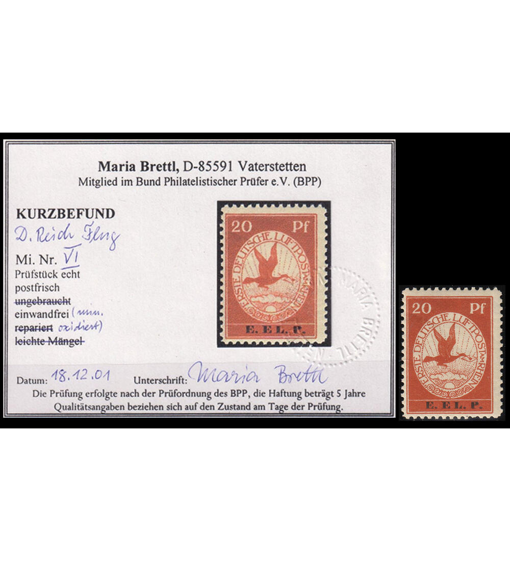 Deutsches Reich E.EL.P. Nr. VI postfrisch mit Farbfotobefund echt und einwandfrei