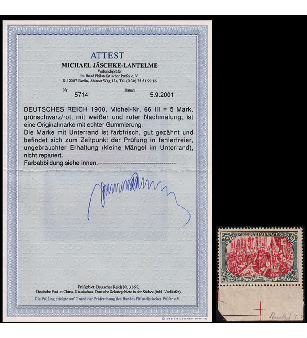 Dt. Reich 5 Mark Reichspost Nr. 66 Type III ungebraucht mit Farbfotoattest