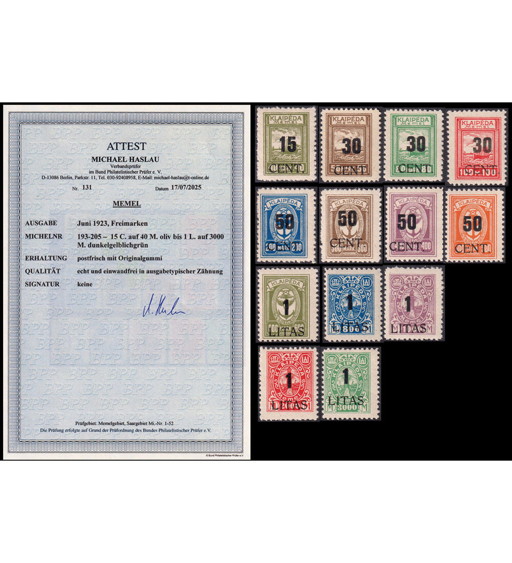 Memel Freimarken 1923 Nr. 193-205 postfrisch mit Farbfotoattest Haslau