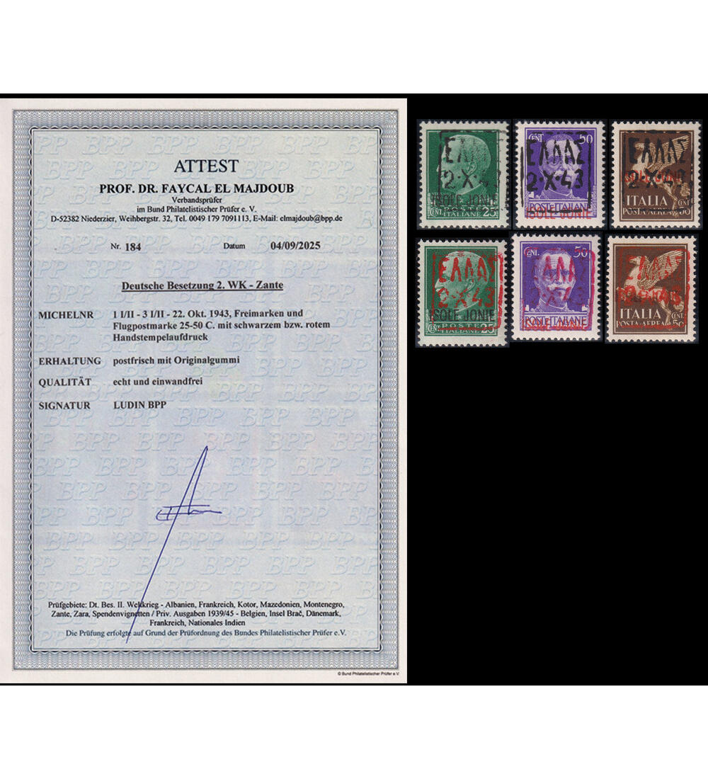 Deutsche Besetzung Zante Nr. 1-3 I+II postfrisch Farbfotoattest echt u einwandfrei