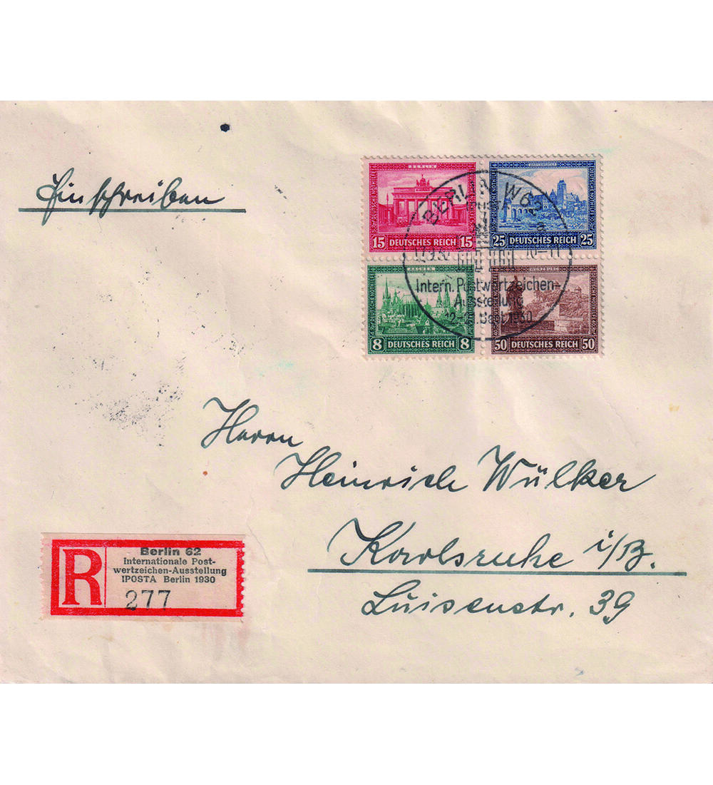 Deutsches Reich IPOSTA 1930 Nr. 446-449 a. echt gelaufenem Einschreibebrief