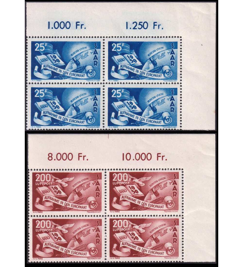 Saar Europarat 1950 Nr. 297-298 postfrische Viererbl�cke aus Ecke oben rechts