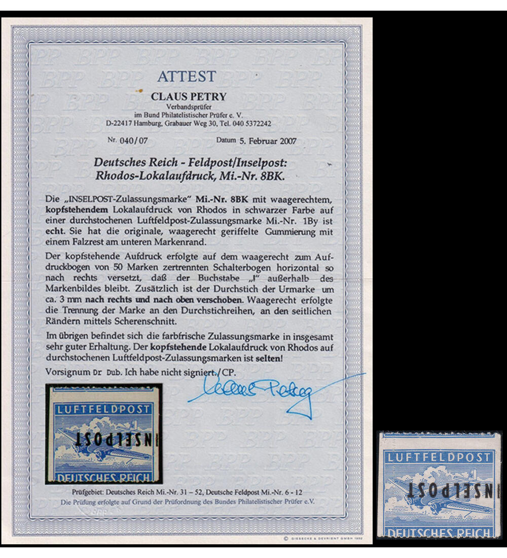 Dt. Reich Feldpost Rhodos Nr. 8 B K ungestempelt mit Farbfotoattest Petry