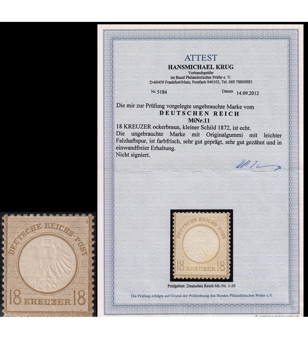 Deutsches Reich 18 Kreuzer Nr. 11 ungestempelt mit Farbfotoattest
