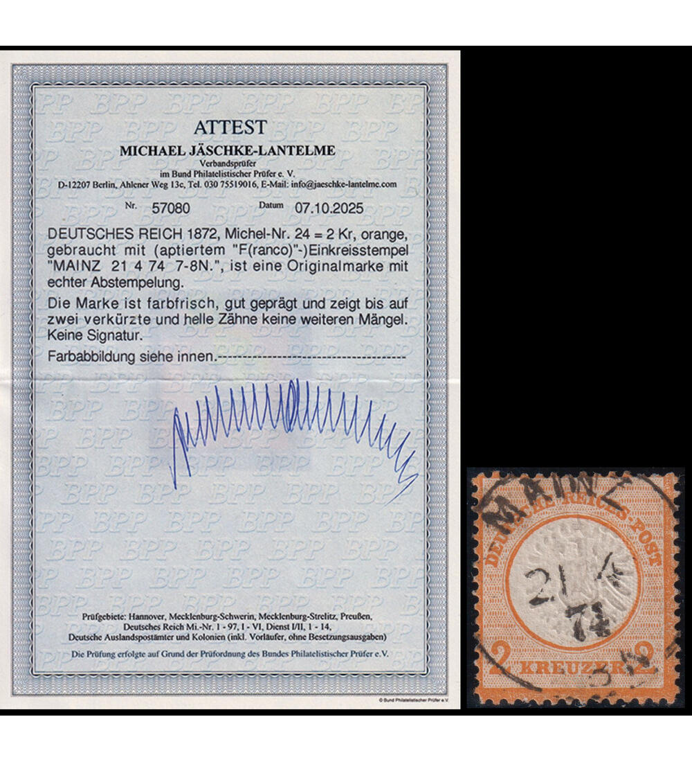 Deutsches Reich 2 Kreuzer Nr. 24 gestempelt mit Farbfotoattest
