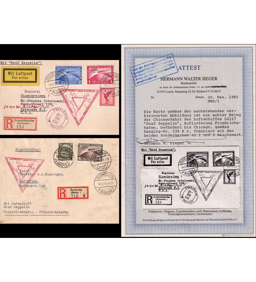 Deutsches Reich Chicago-Fahrt Nr. 496-498 auf 2 Belegen mit Farbfotoattest