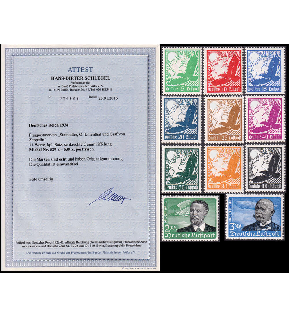 Deutsches Reich Flugpost 1934 Nr. 529-539 x postfrisch mit Farbfotoattest Schlegel