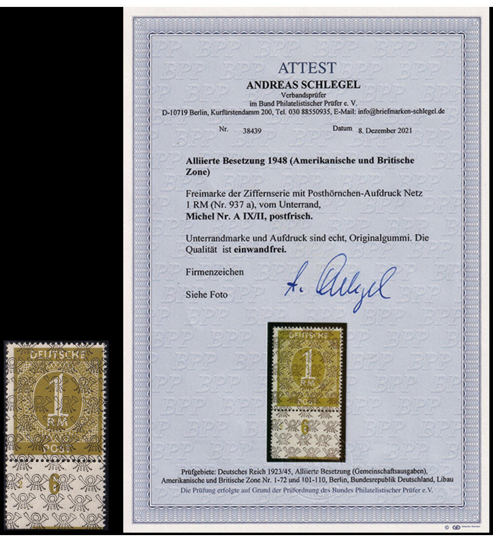 All. Besetzung 1 Reichsmark Nr. A IX / II postfrisch mit Farbfotoattest Schlegel