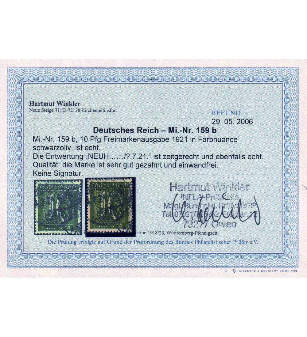 Deutsches Reich Nr. 159 b gestempelt mit Farbfotobefund Ziffern 1921