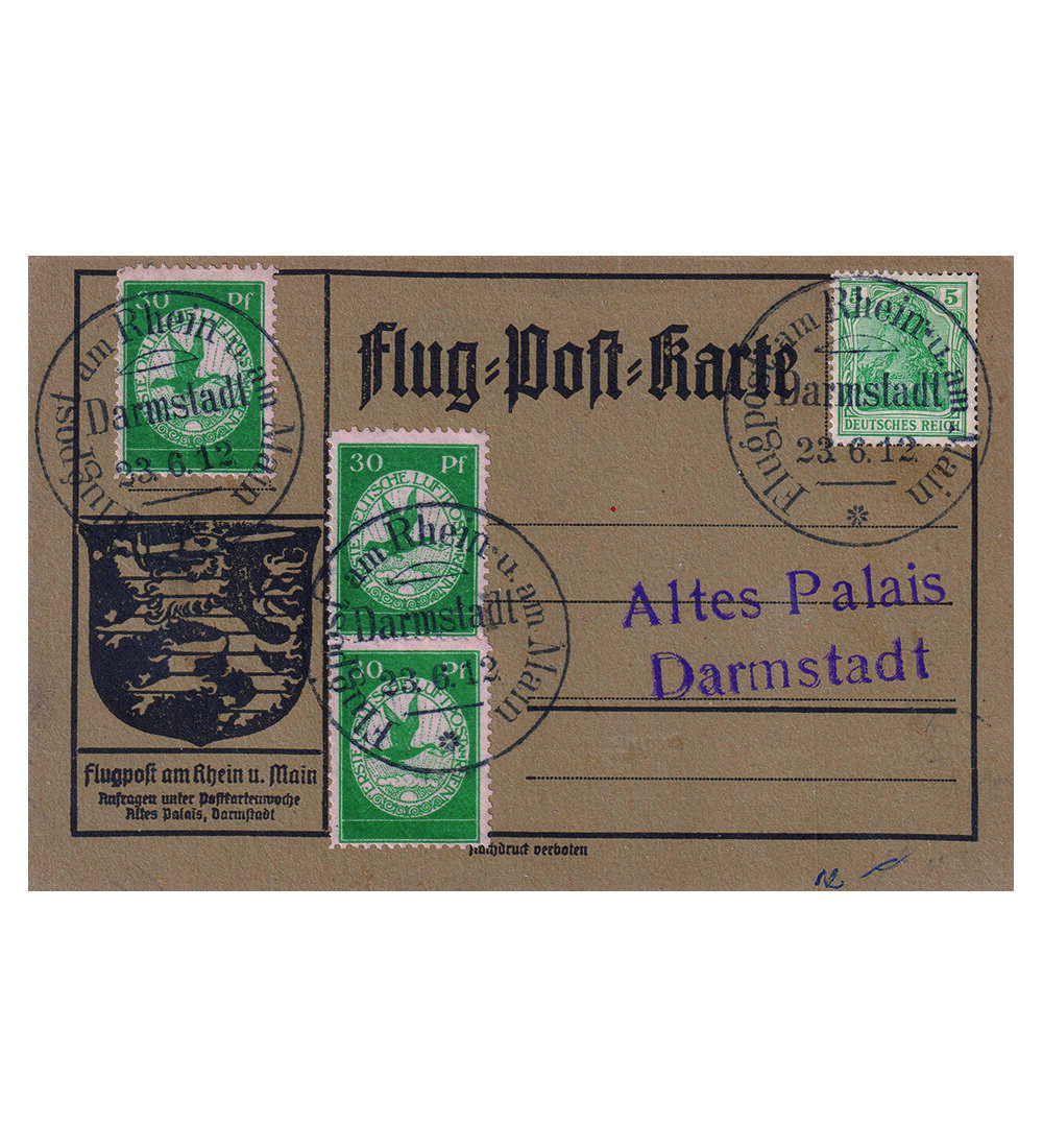 Dt. Reich Flugpost 1912 Nr. III als dreifach Frankatur auf Flugpostkarte