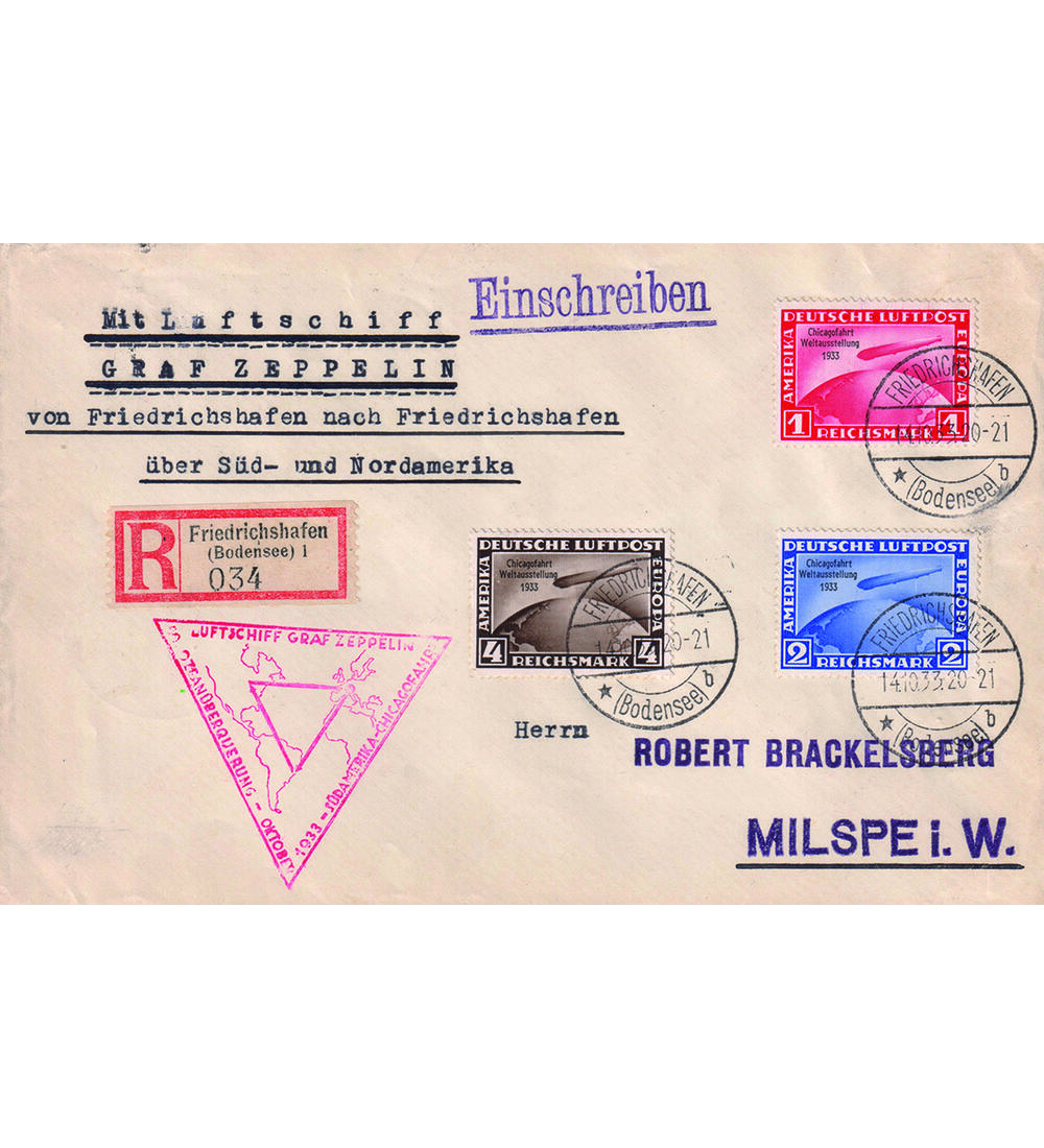 Dt. Reich Chicago-Fahrt 1933 Nr. 496-498 auf Einschreibe- Luftpost-Brief Graf Zeppelin