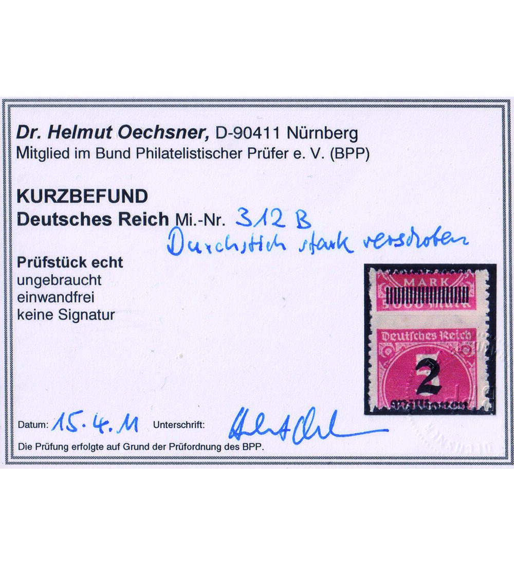 Deutsches Reich Verz�hnung Nr. 312 B mit Farbfotobefund