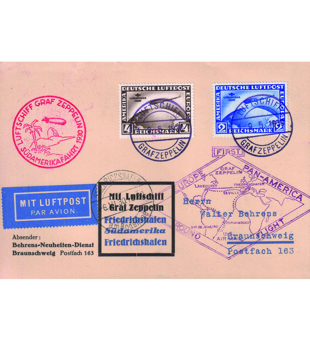 Dt. Reich S�damerika-Fahrt Nr. 438-439 auf Zeppelin-Karte mit typischen Abstempelungen