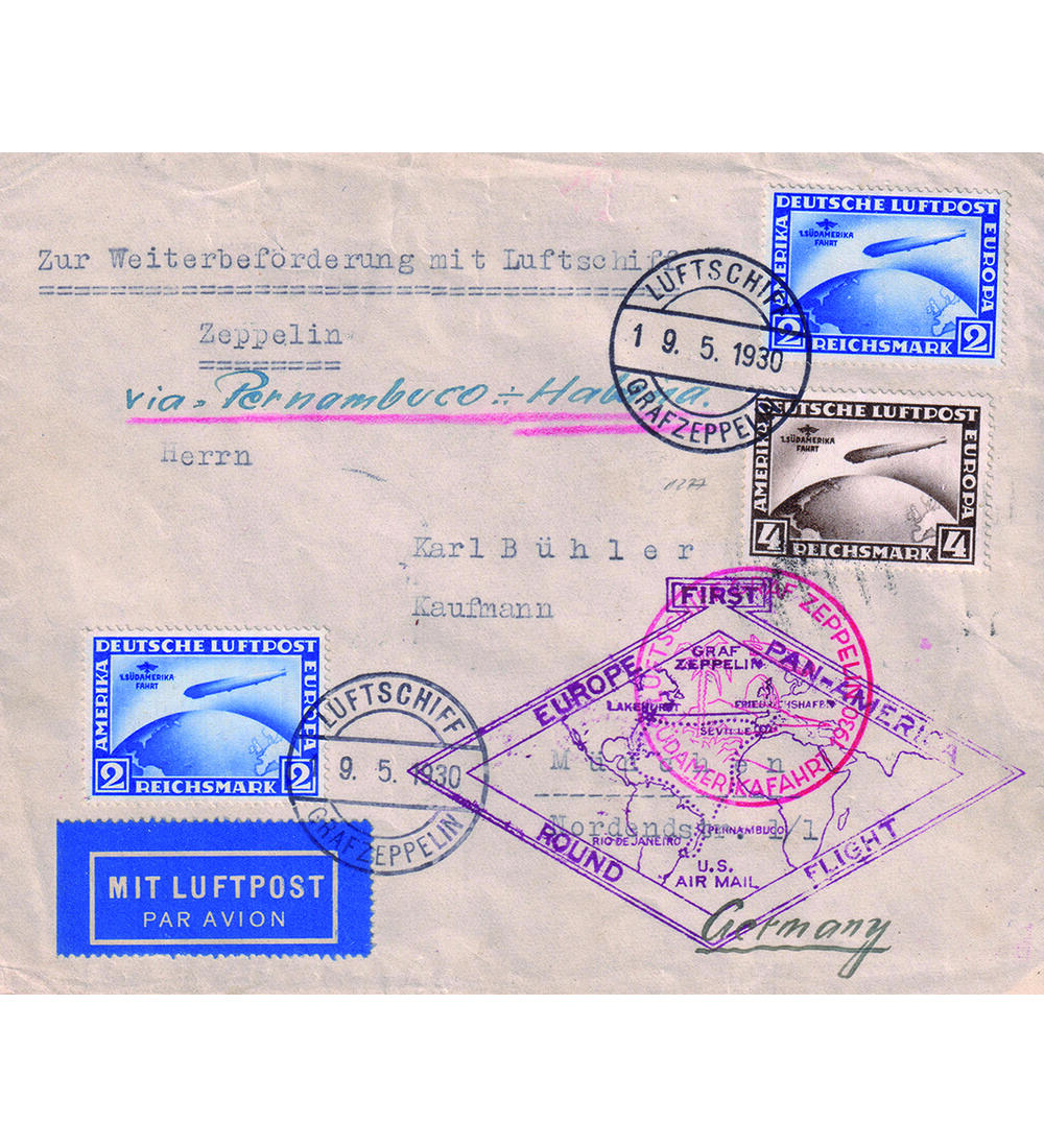 Dt. Reich S�damerika-Fahrt Bordpostbrief vom 19.5.1930 frankiert m. 2x 2 RM + 1x 4 RM