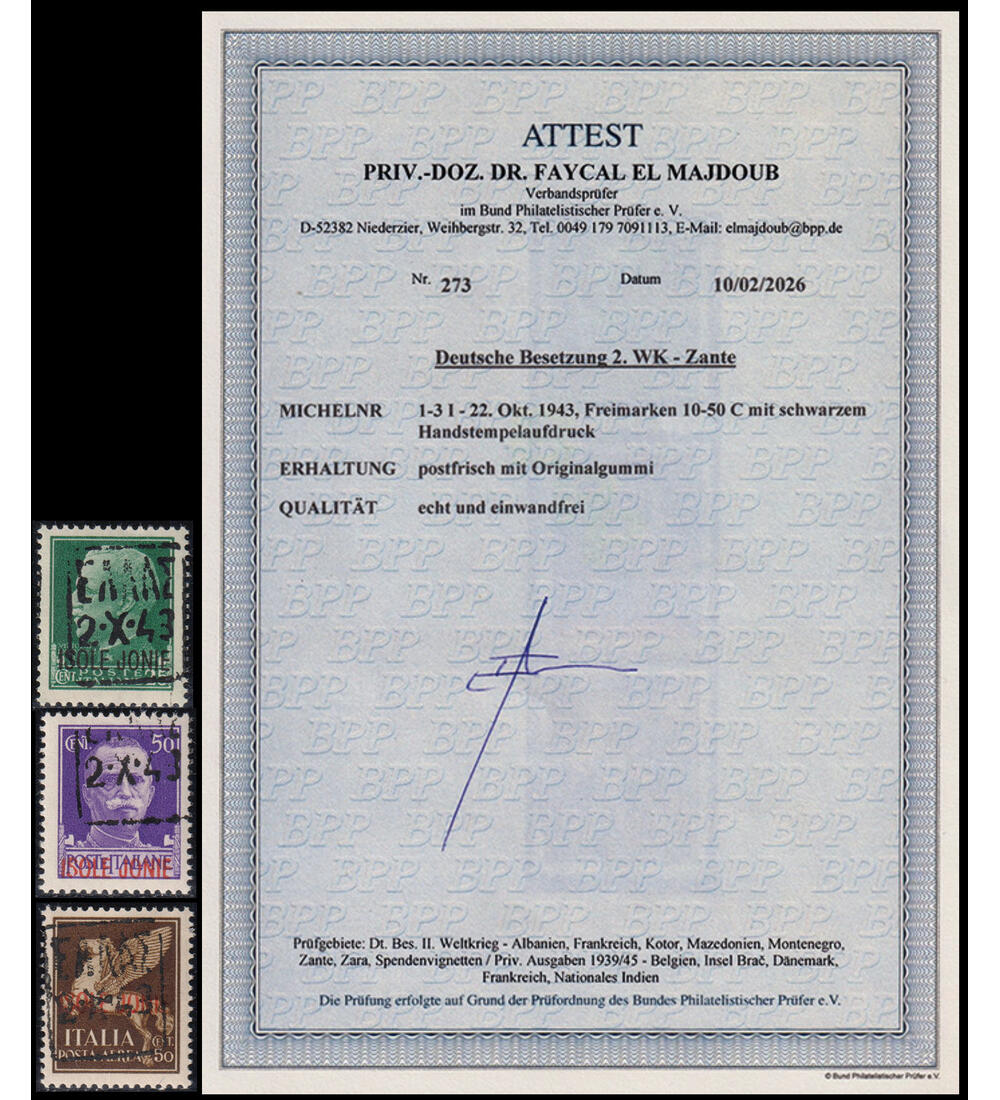 Deutsche Besetzung Zante Nr. 1-3 I postfrisch mit Farbfotoattest echt und einwandfrei