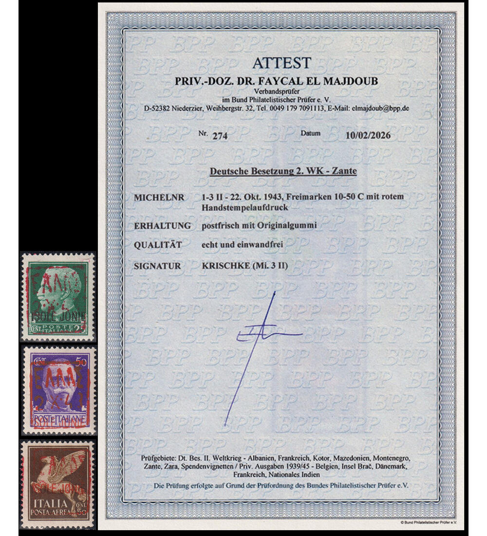 Deutsche Besetzung Zante Nr. 1-3 II postfrisch m. Farbfotoattest echt und einwandfrei