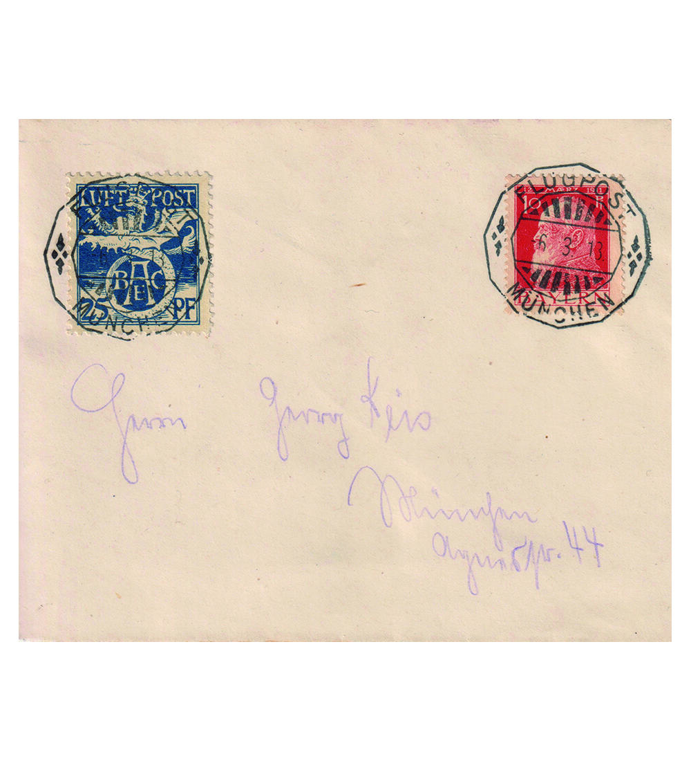 Bayern Flugpostbrief m. Nr. F I und Zusatzfrankatur 2 Flugpoststempel von M�nchen