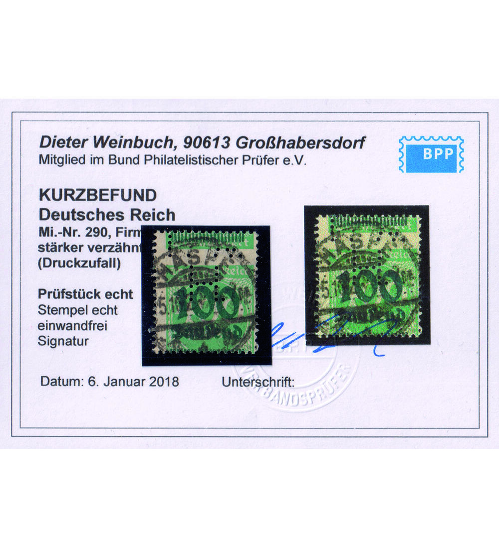 Deutsches Reich Verz�hnung Nr. 290 gestempelt mit Farbfotobefund echt u. einwandfrei