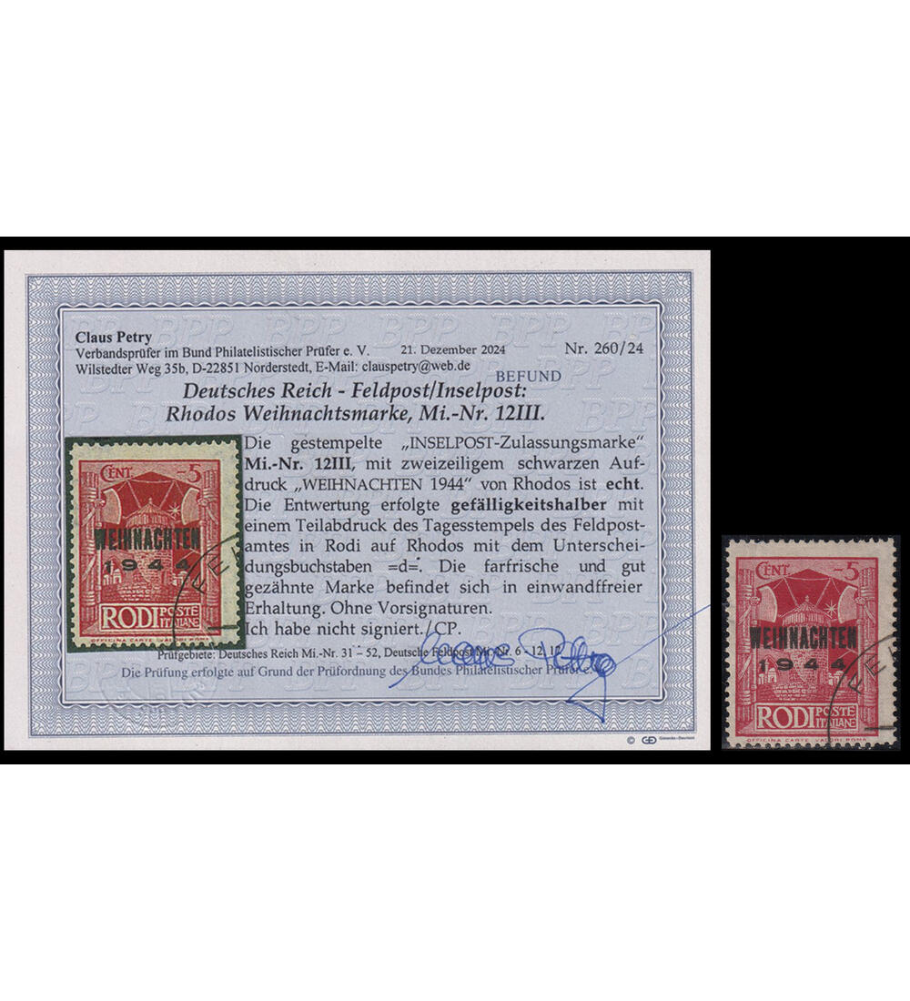 Deutsches Reich Feldpost Nr.12 III mit Gef�lligkeitsstempelt Insel Rhodos