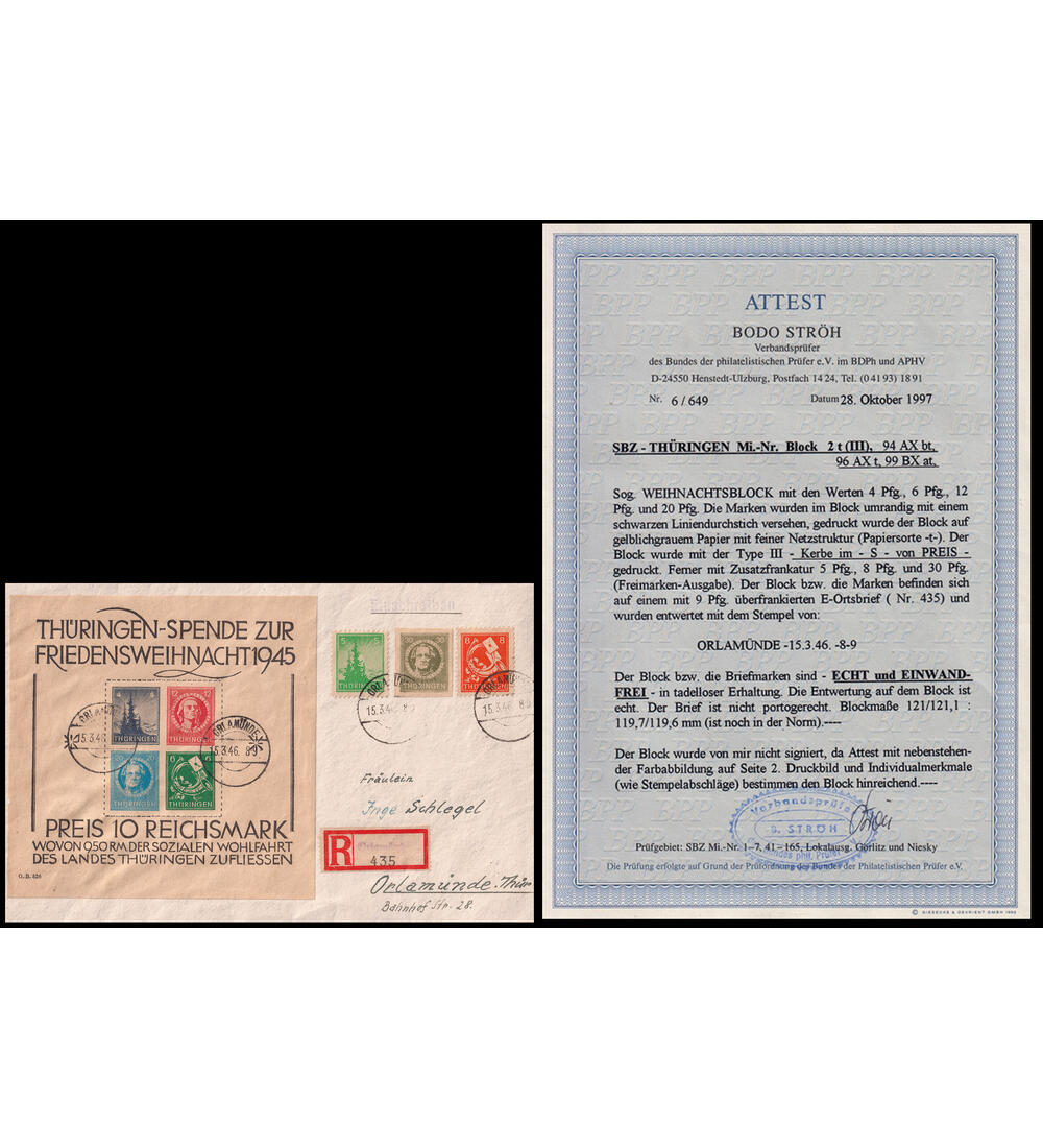 SBZ Block 2 Blockbrief als Einschreibe-Sammlerbrief mit Farbfotoattest Str�h