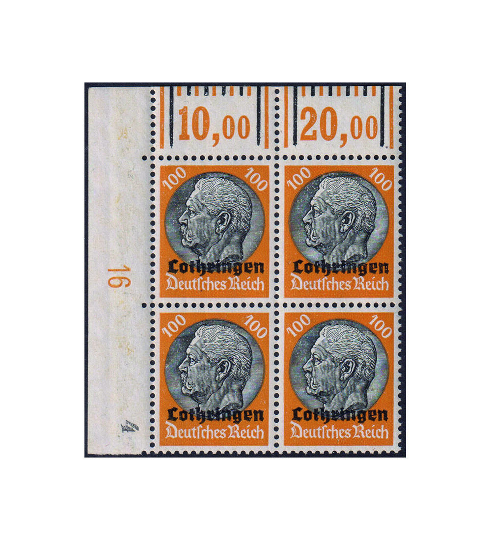 Deutsche Besetzung Lothringen Nr. 1-16 postfrische Viererblocks aus der Ecke oben links