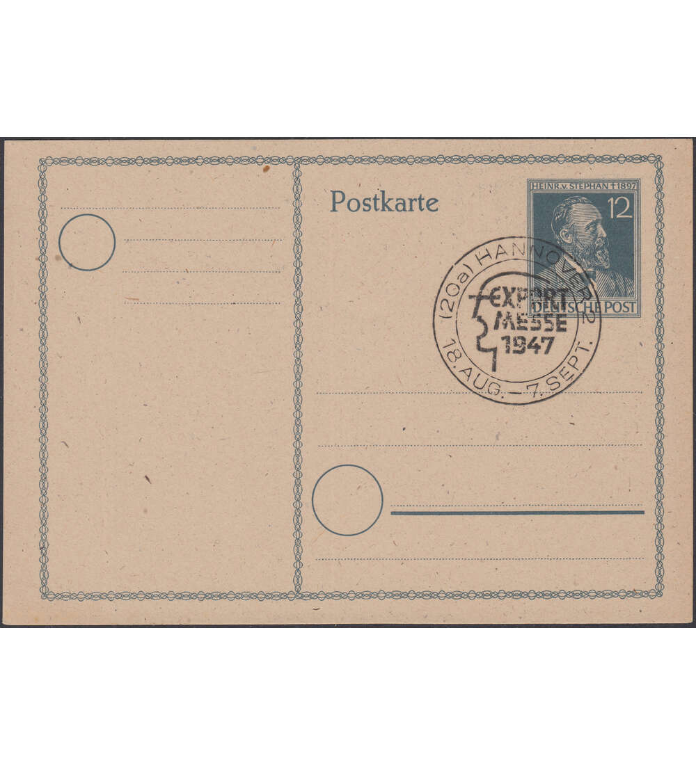 Alliierte Bestzung - Postkarte  Heinrich von Stephan 1947  Hannover - Exportmesse 1947