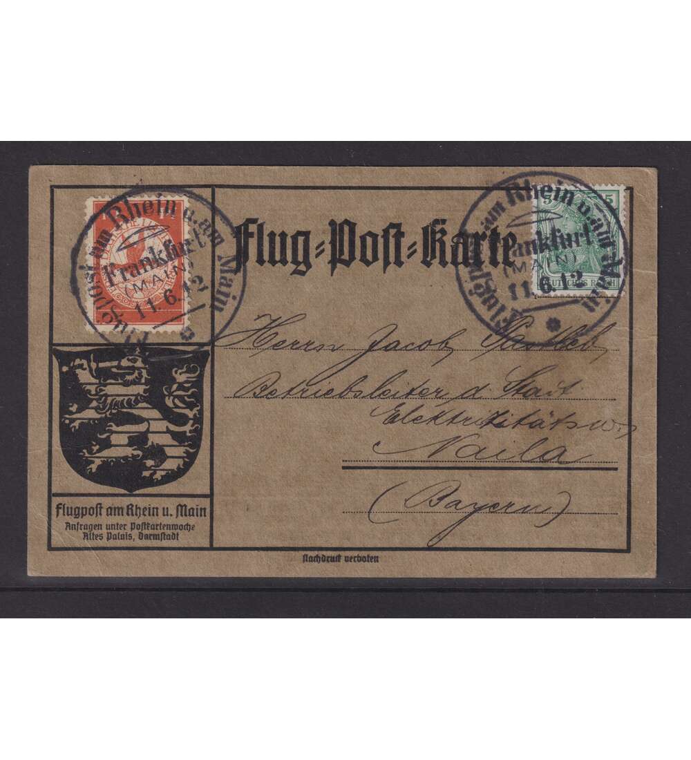 Flug-Post-Karte I von 1912 10 Pfennig Flugpost-Ausgabe + Germania Zusatzfrankatur