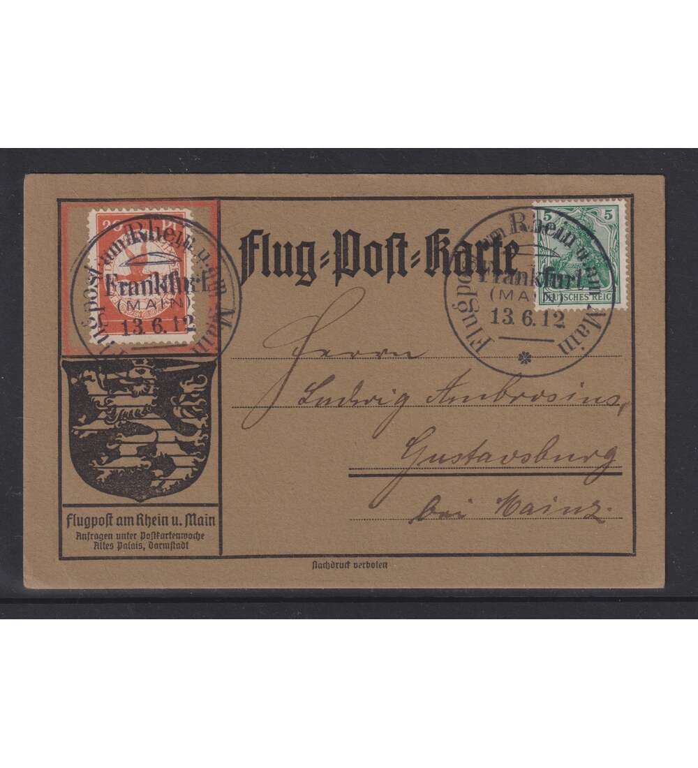 Flug-Post-Karte II von 1912 20 Pfennig Flugpost-Ausgabe + Germania Zusatzfrankatur