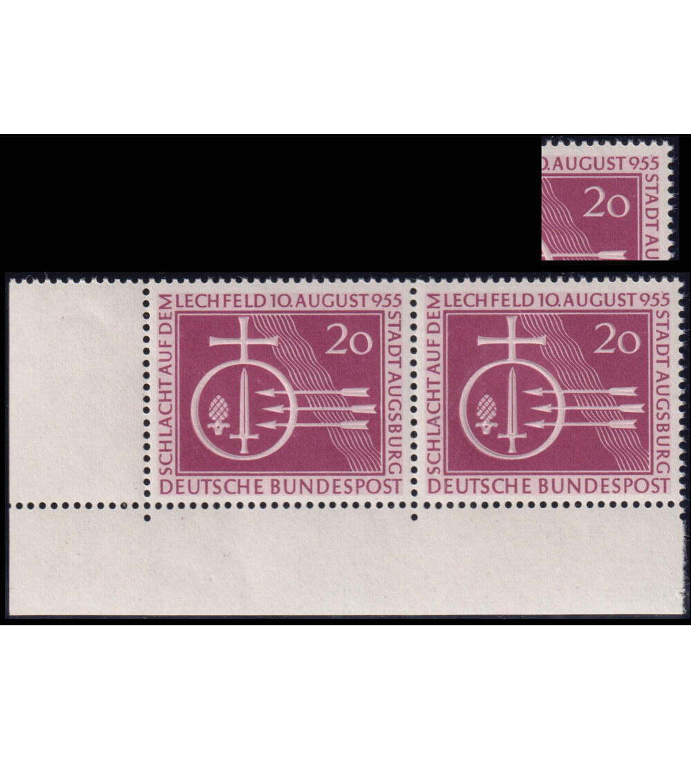 BRD - Plattenfehler Nr. 216 I postfrisch als waagerechtes Eckrand-Paar (Lechfeld 1955)