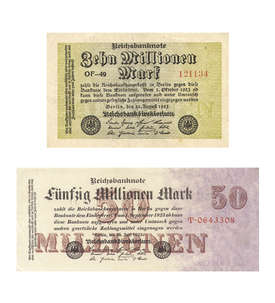 REICHSBANKNOTEN 10 / 50 Millionen Mark