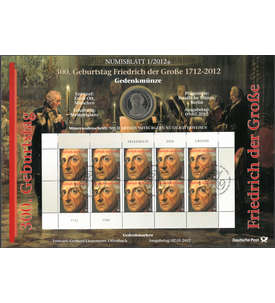 BRD Bund Numisblatt 1/2012          300. Geb. Friedrich d. Groe