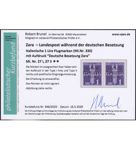 Deutsche Besetzung Zara Nr. 27 I/II postfrisches waagerechtes Paar