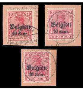 Deutsche Besetzung Belgien Nr. 14a, b + cII gestempelt auf Paketkartenabschnitten