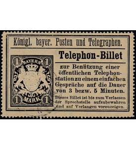 Bayern Telephon-Billet 1 Mark (Nr. TB 22 a) entwertet