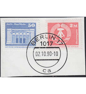 DDR Letzttags-Stempel Abschnitt mit 50 Pf. u. 2 Mark Berlin - 02.10.90
