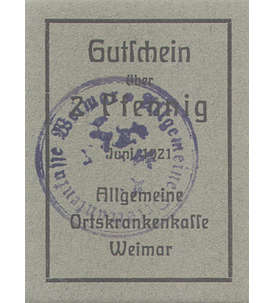 Gutschein ber 2 Pfennig Juni 1921. AOK Weimar