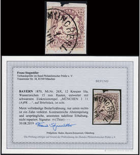 Bayern Nr. 26 X gestempelt auf Briefstck mit Fotoattest