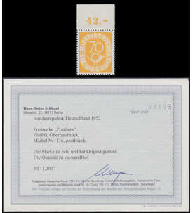 BRD 70 Pfennig Posthorn Nr. 136 postfrisch vom Ober- rand mir Farbfotobefund