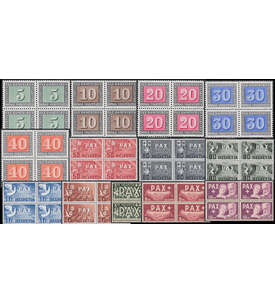 Schweiz PAX 1945 postfrisch Nr. 452-459 in Viererblocks Waffenstillstand in Europa